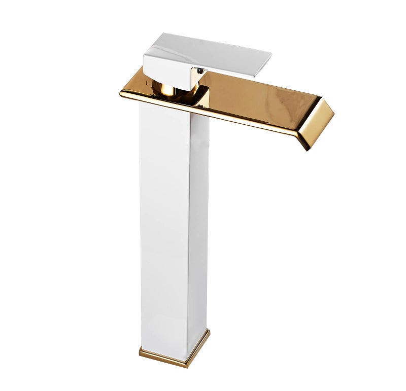YCCUZA Bathroom Vessel Sink Faucet White Gold Waterfall Single Handle One Hole Bowl Sink Faucet Vanity Lavatory Faucets Tall Bath Deck Mount Basin Tap Supply Lines Hose Commercial - Image 1
